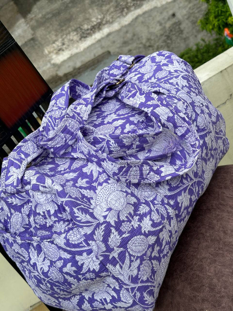 Blue & White Floral Quilted Duffel Bag