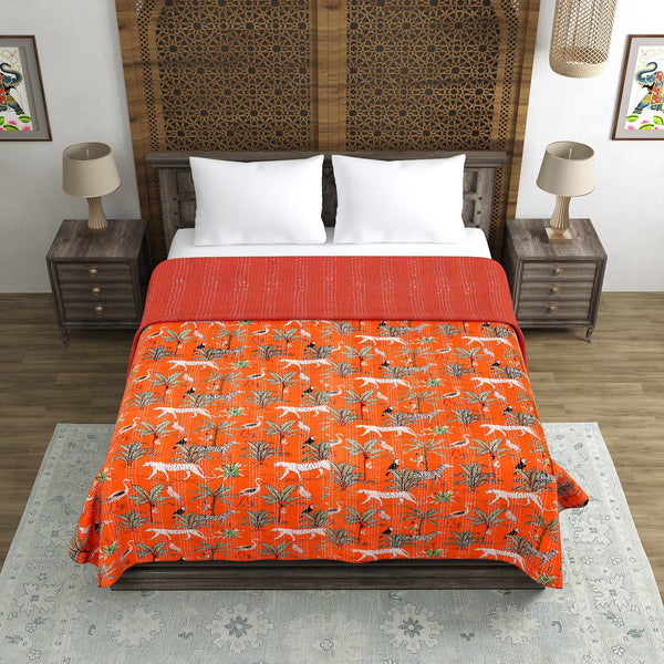 jungle print orange kantha quilt