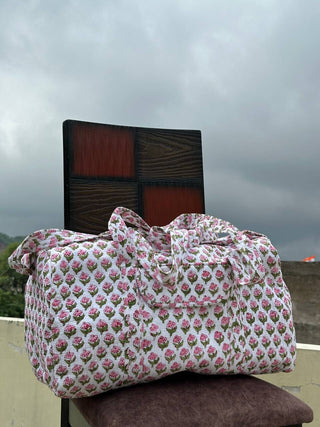 White Floral Quilted Duffel Bag