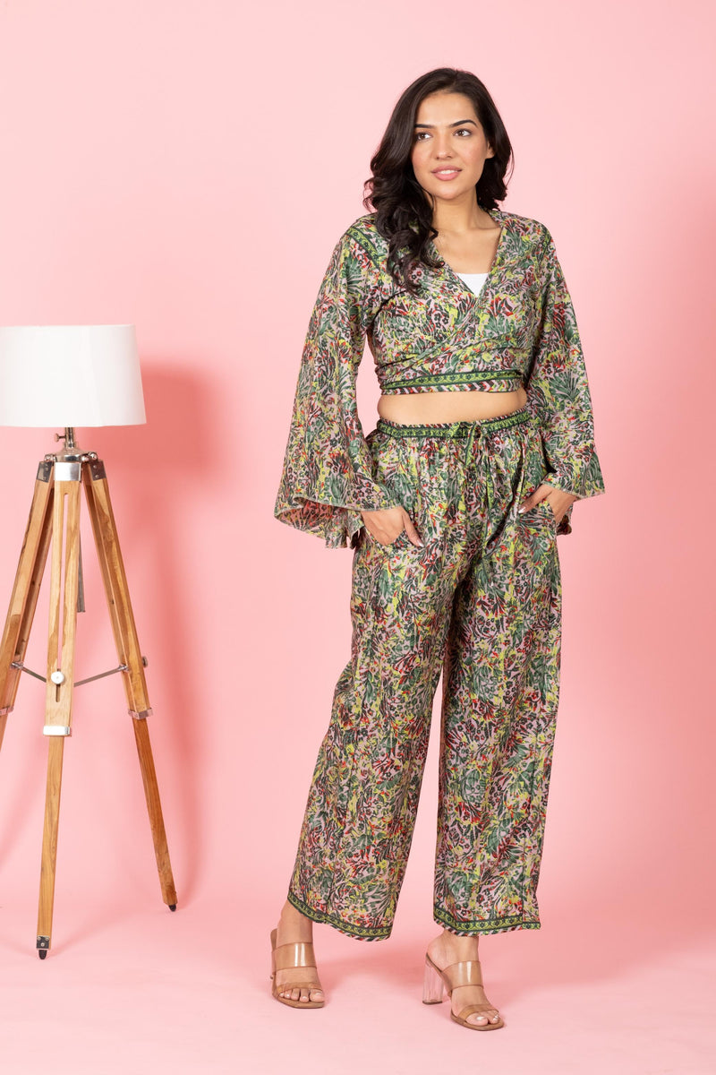 New Style Bell Sleeves Top With Pajama, Flare Sleeve Dress, Knotted Silk Top With Palazzo