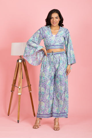 New Style Bell Sleeves Top With Pajama, Flare Sleeve Dress, Knotted Silk Top With Palazzo