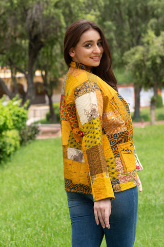 Yellow patchwork silk jacket