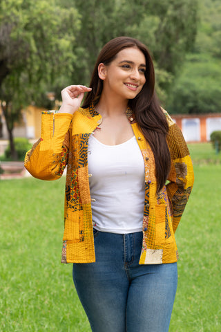 Yellow patchwork silk jacket