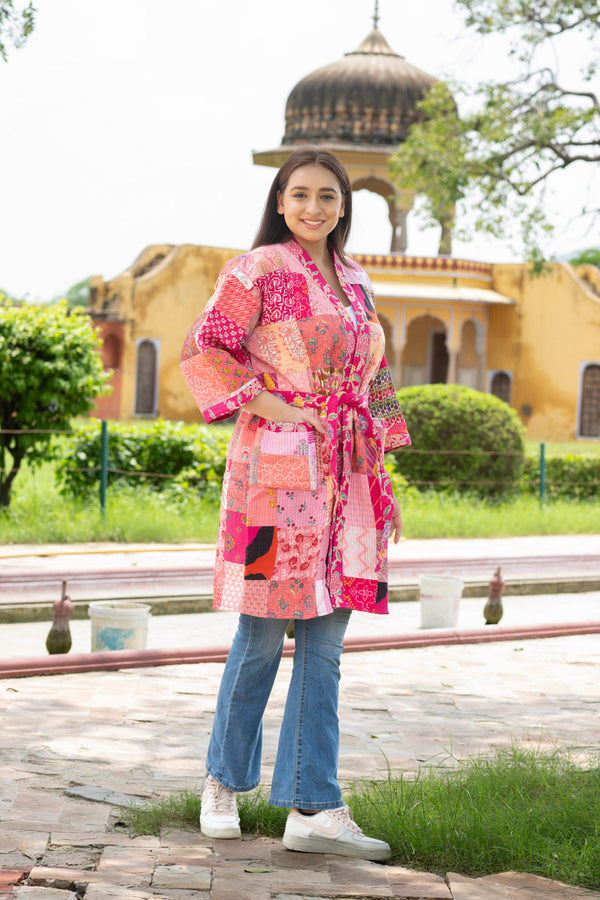 pink reversible patchwork kimono robe