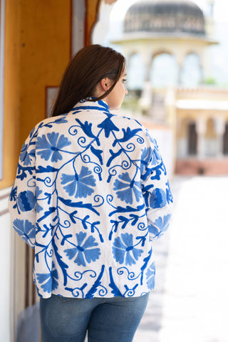 White Cotton Jacket with Blue Embroidery