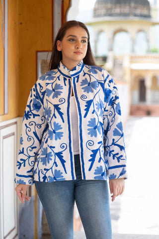 White Cotton Jacket with Blue Embroidery