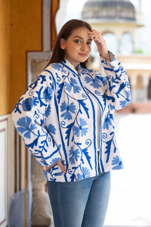 White Cotton Jacket with Blue Embroidery