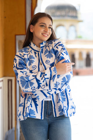 White Cotton Jacket with Blue Embroidery