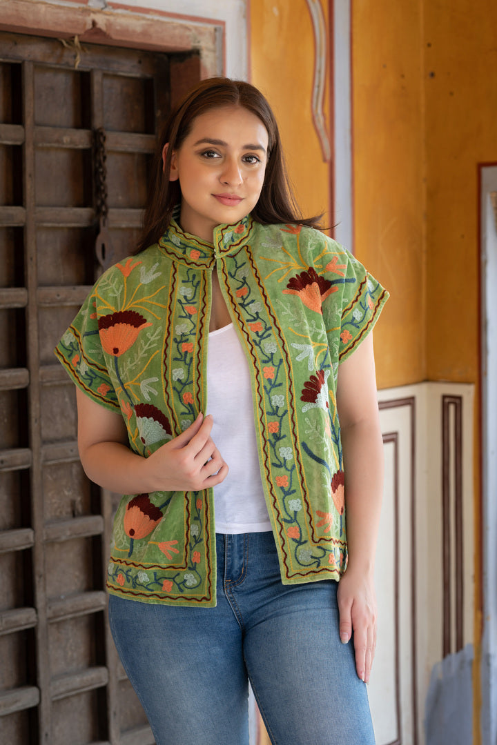 handmade green velvet vest for elegant look