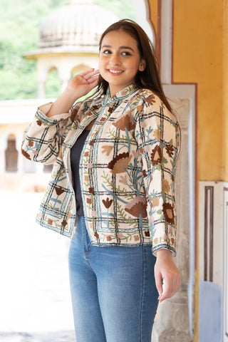 Waffel Pattern Floral Embroidery Jacket