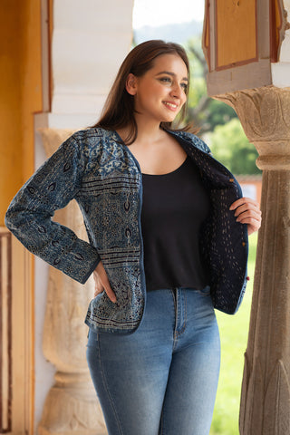 Ajrak print Indigo cotton jacket