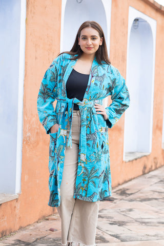 Turquoise Safari print velvet robe