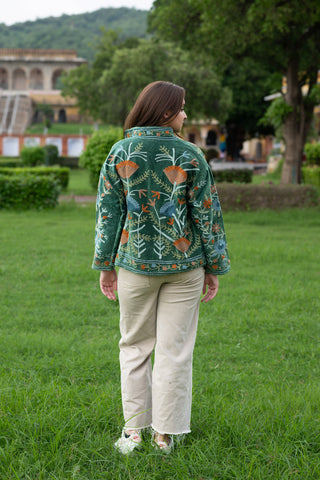 Traditional Suzani Embroidered Green Velvet Jacket