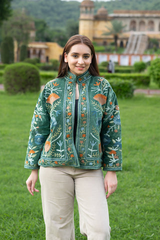 Traditional Suzani Embroidered Green Velvet Jacket