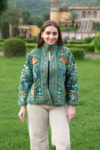 Traditional Suzani Embroidered Green Velvet Jacket