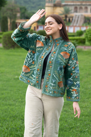 Traditional Suzani Embroidered Green Velvet Jacket