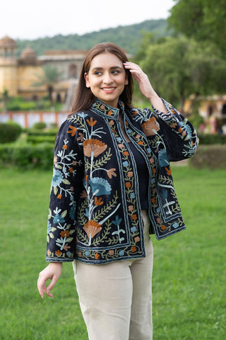 Handcrafted Black Velvet Jacket with Suzani Embroidery