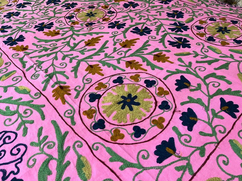 Pink handmade suzani embroidery kantha quilt