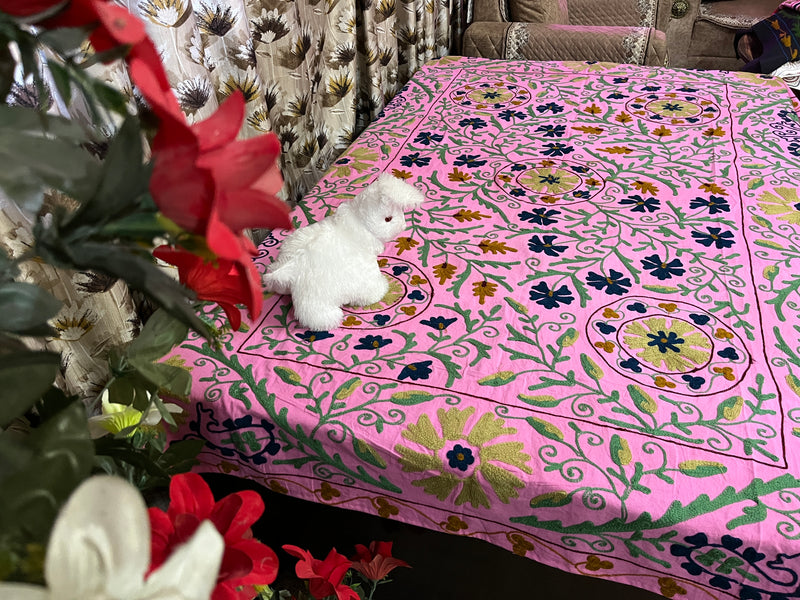 Pink handmade suzani embroidery kantha quilt