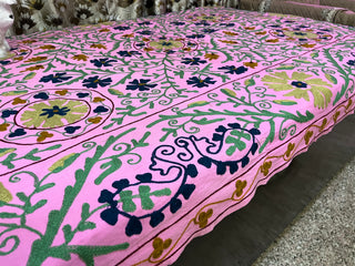 Pink handmade suzani embroidery kantha quilt