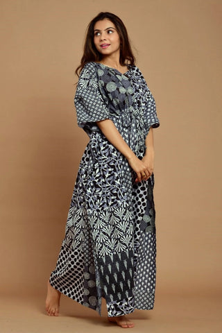 Patchwork print black cotton kaftan