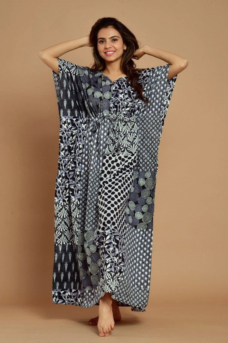 Patchwork print black cotton kaftan