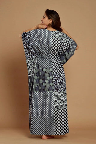 Patchwork print black cotton kaftan