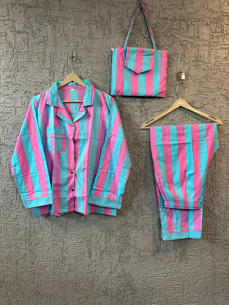 Jaipur Hand Printed Cotton Pajama Set | Striped Block Print Nightwear