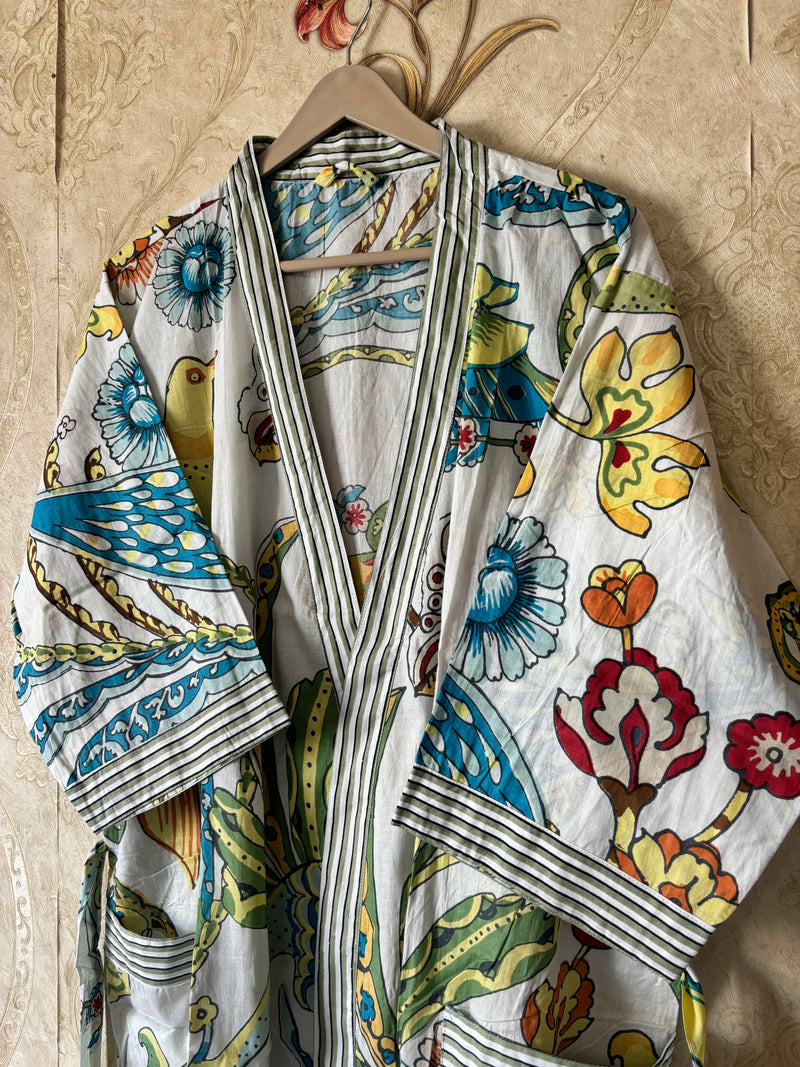 Bird Stripe Cotton Kimono Robe
