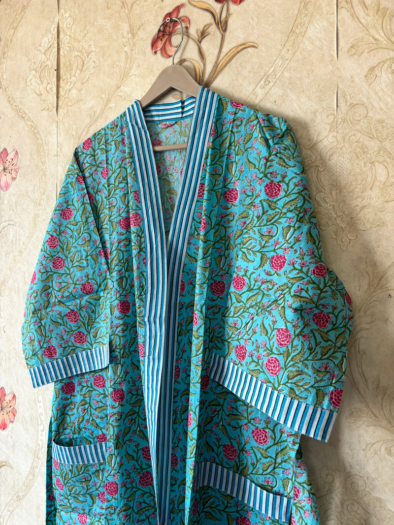 Cotton Kimono Robe with Striped floral touch