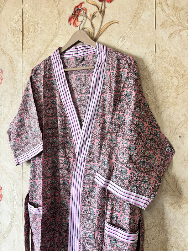 Cotton Kimono Robe with Striped floral touch