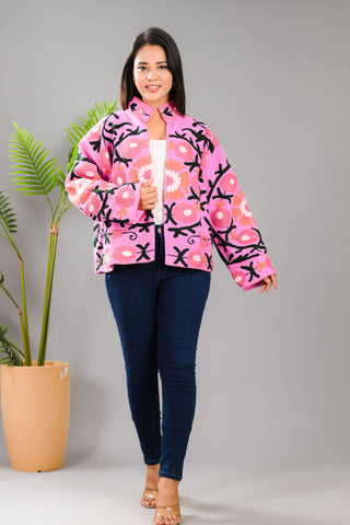 Pink flower embroidery jacket