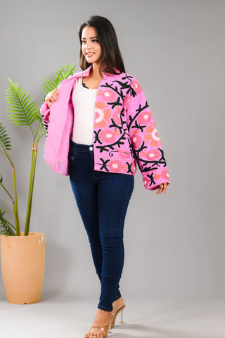 Pink flower embroidery jacket