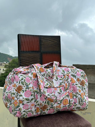 White Floral Quilted Duffel Bag