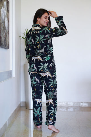 Black Safari print cotton pajama set