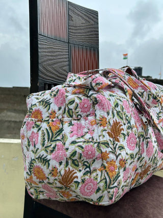 White Floral Quilted Duffel Bag