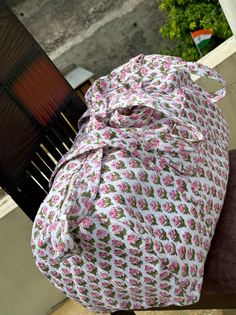 White Floral Quilted Duffel Bag